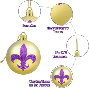 Detail view of 6cm shatterproof Mardi Gras ball with purple glitter fleur-de-lis