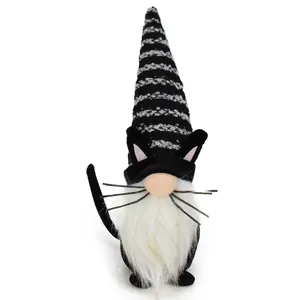 Detail of a Halloween black cat gnome plush with a striped hat and fluffy beard