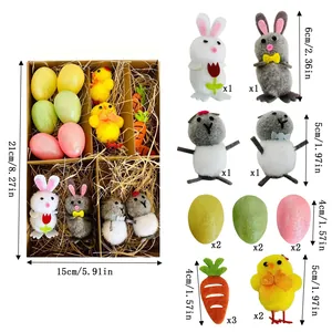 Set decorativo di Pasqua con coniglietti pulcini uova colorate e carote con dimensioni