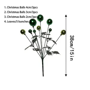 Detailed product view of a 38cm green Christmas ball pick ornament with specifications