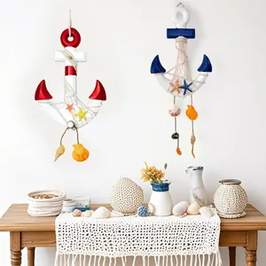 Mediterranean Style Handmade Wood Anchor Wall Decor With Shells Sea Stars Nautical Theme Hanging Ornament For Home Hotel