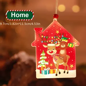 Detail of house-shaped Christmas LED ornament with reindeer and bear print