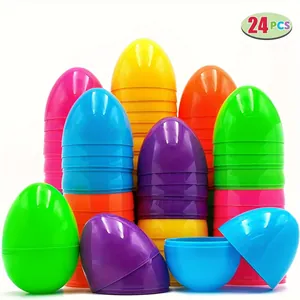 Detailed view of 24 colorful openable plastic Easter eggs in various vibrant bright shades