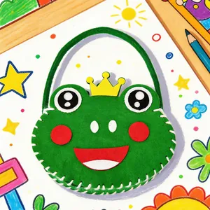 Detalle de un bolso de fieltro DIY para niños con diseño de rana cosido a la mano