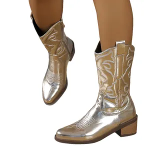 Chic metallic silver mid-calf cowboy boots featuring pointed toe and chunky block heel