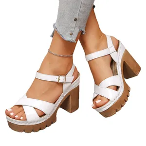 White summer high-heeled sandals with thick heel cross-straps and buckle closure