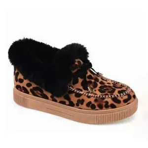 Stylish warm leopard print faux fur winter shoes with black bow and thick tan sole