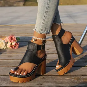 Elegant black platform chunky high heel sandals with buckle and toe loop detail