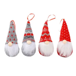 Set of 4 handmade knitted Christmas gnome ornaments with white beards for tree hanging decor