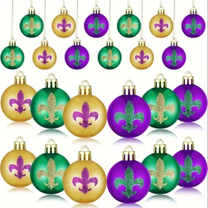 Detail view of 6cm Mardi Gras plastic balls with glitter fleur-de-lis pattern ornaments