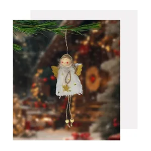 Plush angel girl Christmas tree ornament with golden wings and white fluffy dress