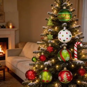 Complete festive Grinch-style Christmas ball ornament set hanging on a warm lit tree at home