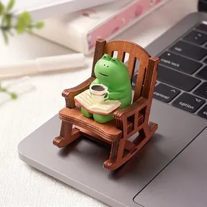 Cute Frog Rocking Chair Ornament Resin Mini Animal Figurine Holding Coffee And Book Healing Style Desktop Car Decor Small Statue Birthday Gift