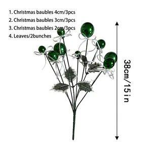 Detailed view of 15-inch green Christmas ball pick decoration with leaves and ribbons