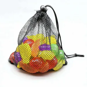 Colorful reusable plastic ice cubes in a black mesh drawstring bag for party drinks.
