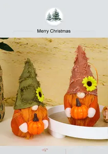 Detail of Thanksgiving gnome dolls with pumpkins and sunflower burlap hats