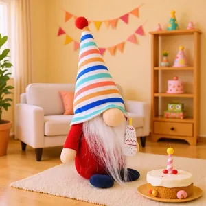 Festive birthday gnome plush doll with colorful striped hat and cake accessory