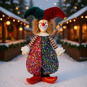 Vista detallada de la figura de payaso con lentejuelas para decoración de Navidad