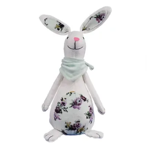 Easter bunny ornament made of linen with floral pattern and mint green scarf decor