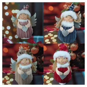 Set of Nordic plush Christmas angel ornaments with silver wings and glitter hearts