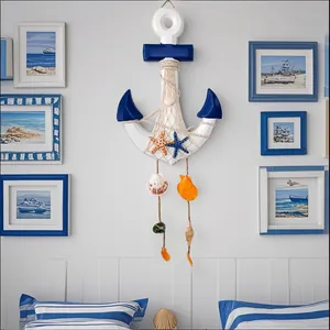 Handcrafted Mediterranean style wooden anchor wall hanging with shells and starfish