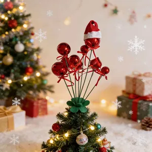 Festive red Christmas ball pick with mini Santa hat topper for holiday tree decoration