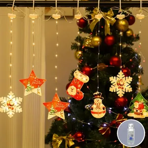 Warm LED Christmas curtain light string with snowman and star ornaments for holiday decor