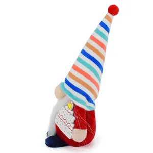 Handmade birthday gnome plush doll with colorful striped hat and cake decoration