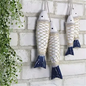 Mediterranean Style Solid Wood Fish Hanging Ornament Nautical Marine Theme Handmade Wooden Fish String Wall Decoration For Home Bar KTV Living Room