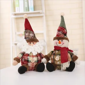 Handmade plaid Christmas Santa and Snowman plush dolls for festive holiday decoration
