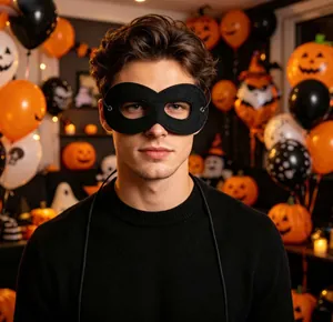 Άνδρας με μαύρη τσόχινη μάσκα σε σχήμα 8 για Halloween cosplay σε γιορτινή ατμόσφαιρα