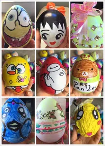 Assorted hand-painted DIY Easter eggs featuring colorful popular cartoon character designs