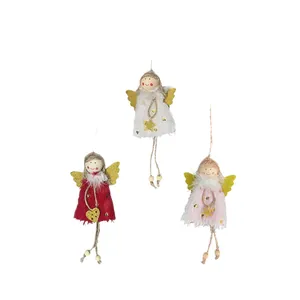Three cute plush Christmas angel girl hanging ornaments with glitter wings and golden stars
