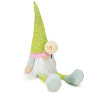 Peluche de nain sans visage assis vert fait main avec fleur pour décoration de maison
