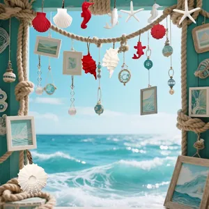 Assorted red and white resin sea creature ornaments hanging in a beach setting
