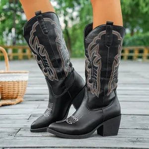 Vintage black embroidered mid-calf cowboy boots with chunky heel and V-cut design