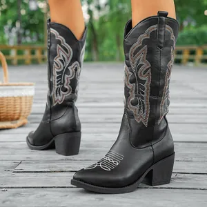 Detailed view of vintage black cowboy boots with intricate embroidery and V-cut top