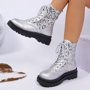 Stivali Martin da Donna con Plateau e Paillettes Stringati a Punta Arrotondata Stile Britannico Stivali da Combattimento Metallizzati per Festa di Moda Autunno Inverno