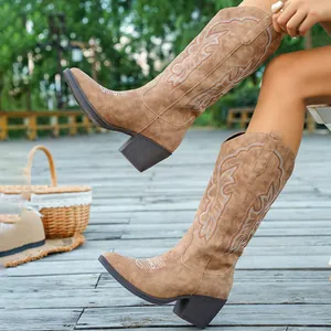 Detail of brown vintage embroidered cowboy boots with a stylish chunky heel.