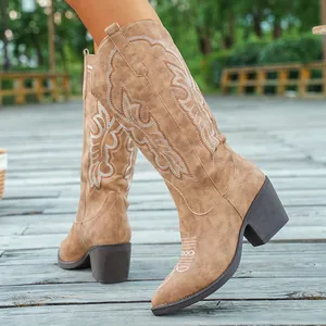 Detail view of embroidered tan cowboy boots with V-cut top and chunky heel in outdoor setting.