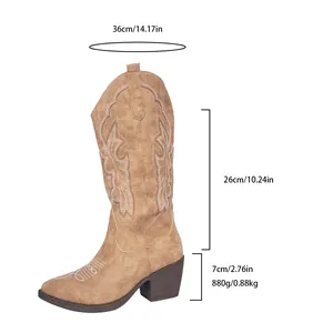 Accurate measurement details for women's retro embroidered mid-calf western boots.