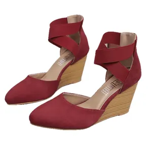 Elegant wine red pointed-toe wedge sandals with criss-cross elastic ankle straps