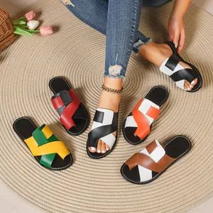 Damen Casual Farbe-Blocking Flache Slipper TPU Überkreuzte Zehenschlaufe Sandalen Mode Outdoor Strand Slides Übergröße Schuhe
