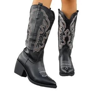 Classic black vintage embroidered western cowboy boots with chunky heel and V-neck design