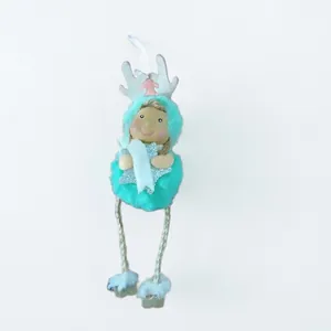 Cute teal Christmas angel plush ornament with reindeer antlers and star for tree decor