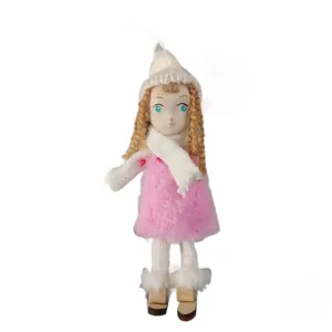 Handmade Nordic angel doll in pink plush dress with wooden sleighs for Christmas decor