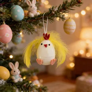 Primer plano de un adorno de huevo de Pascua de pollito blanco con plumas amarillas