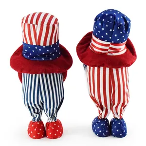 Rear view of two patriotic Independence Day gnome plush dolls with stars and stripes
