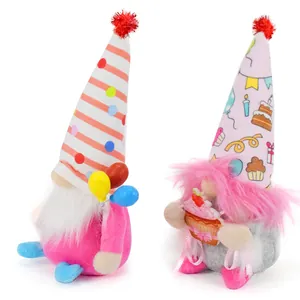 Detailed shot of two festive pink and gray birthday gnomes with party hats and balloons