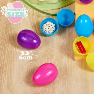 Close-up of 6cm colorful Easter eggs showing dimensions and internal hollow space detail